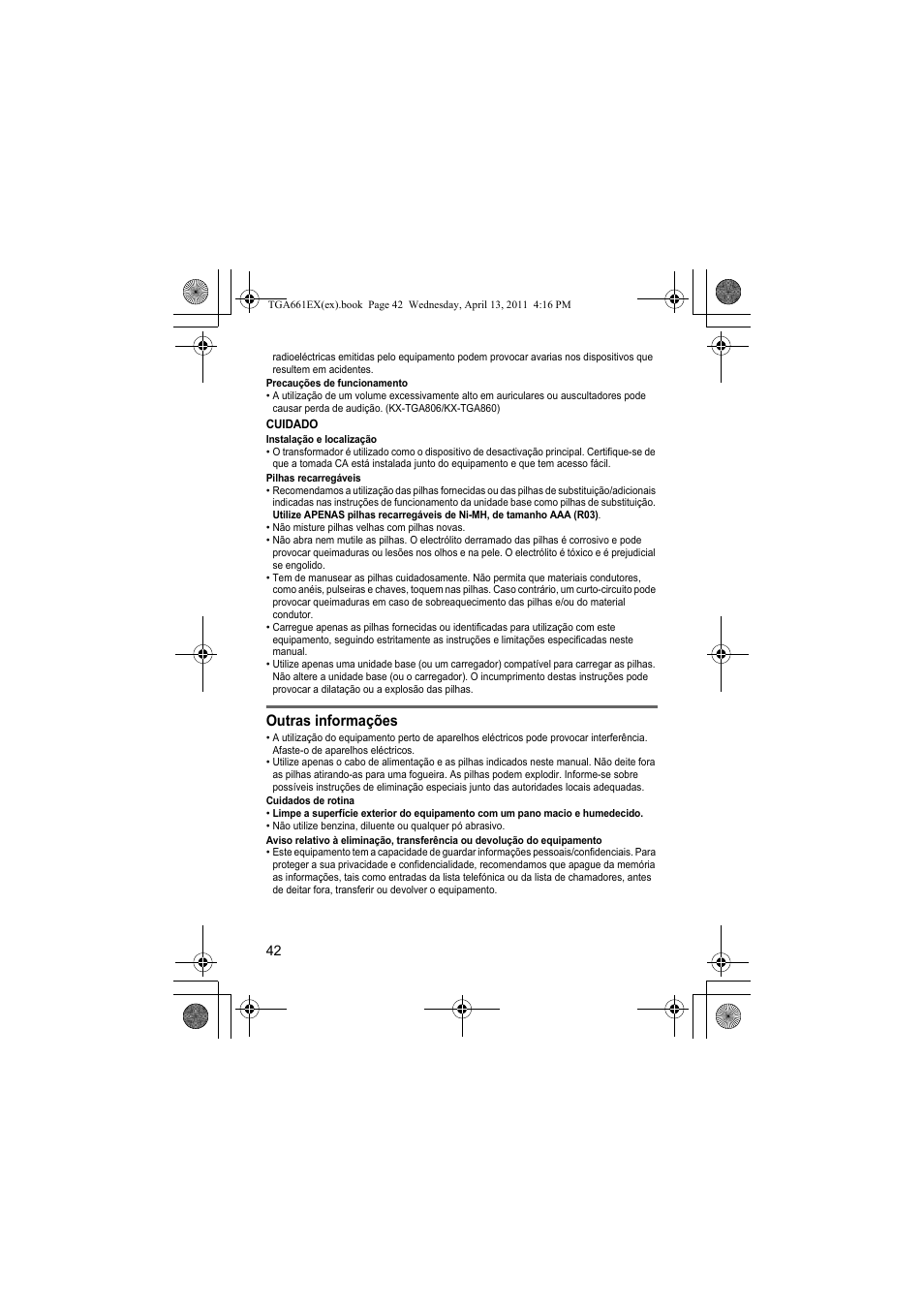 Outras informações | Panasonic KXTGA661EXB User Manual | Page 42 / 80