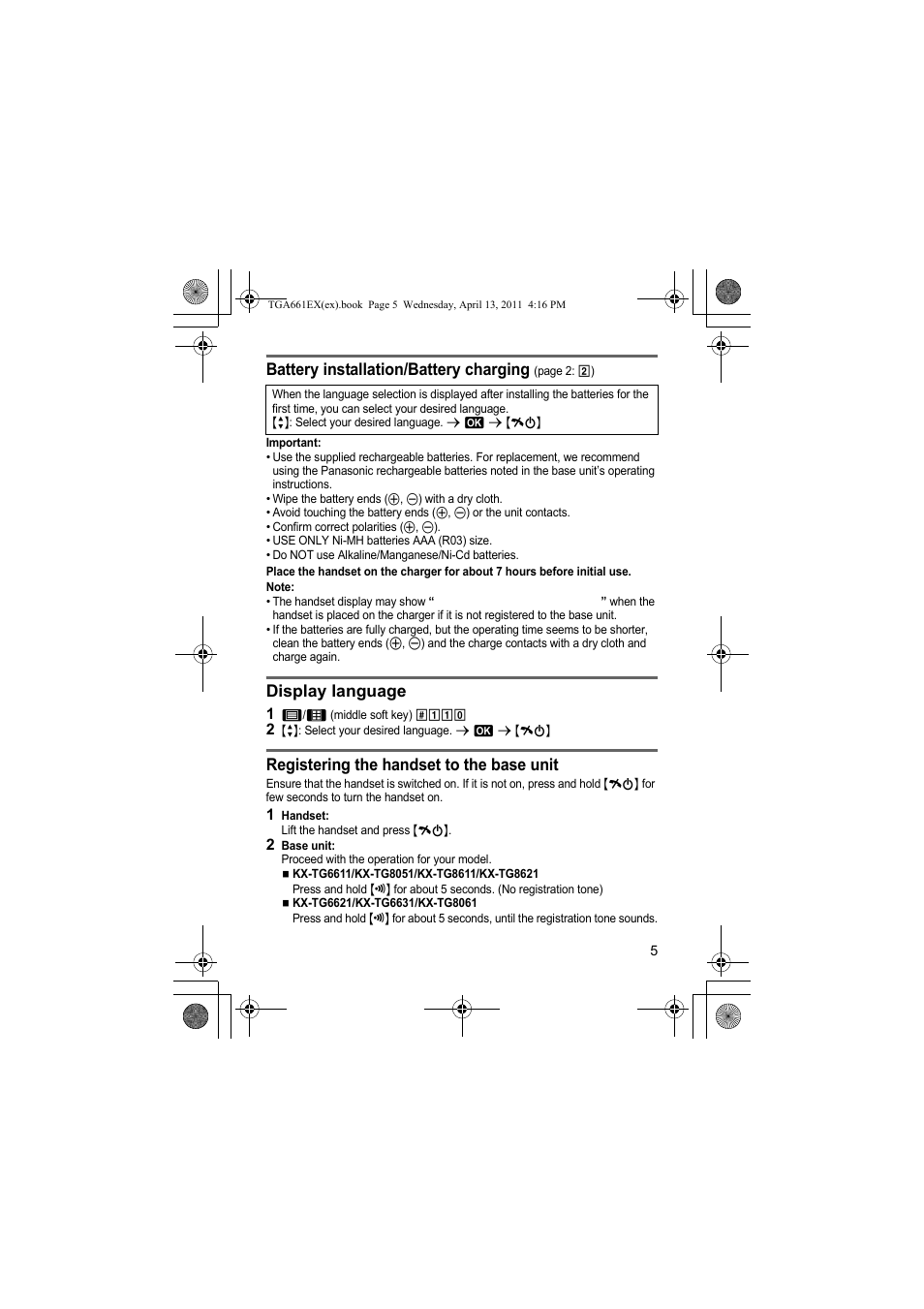 Battery installation/battery charging, Display language, Registering the handset to the base unit | Panasonic KXTGA661EXB User Manual | Page 5 / 80