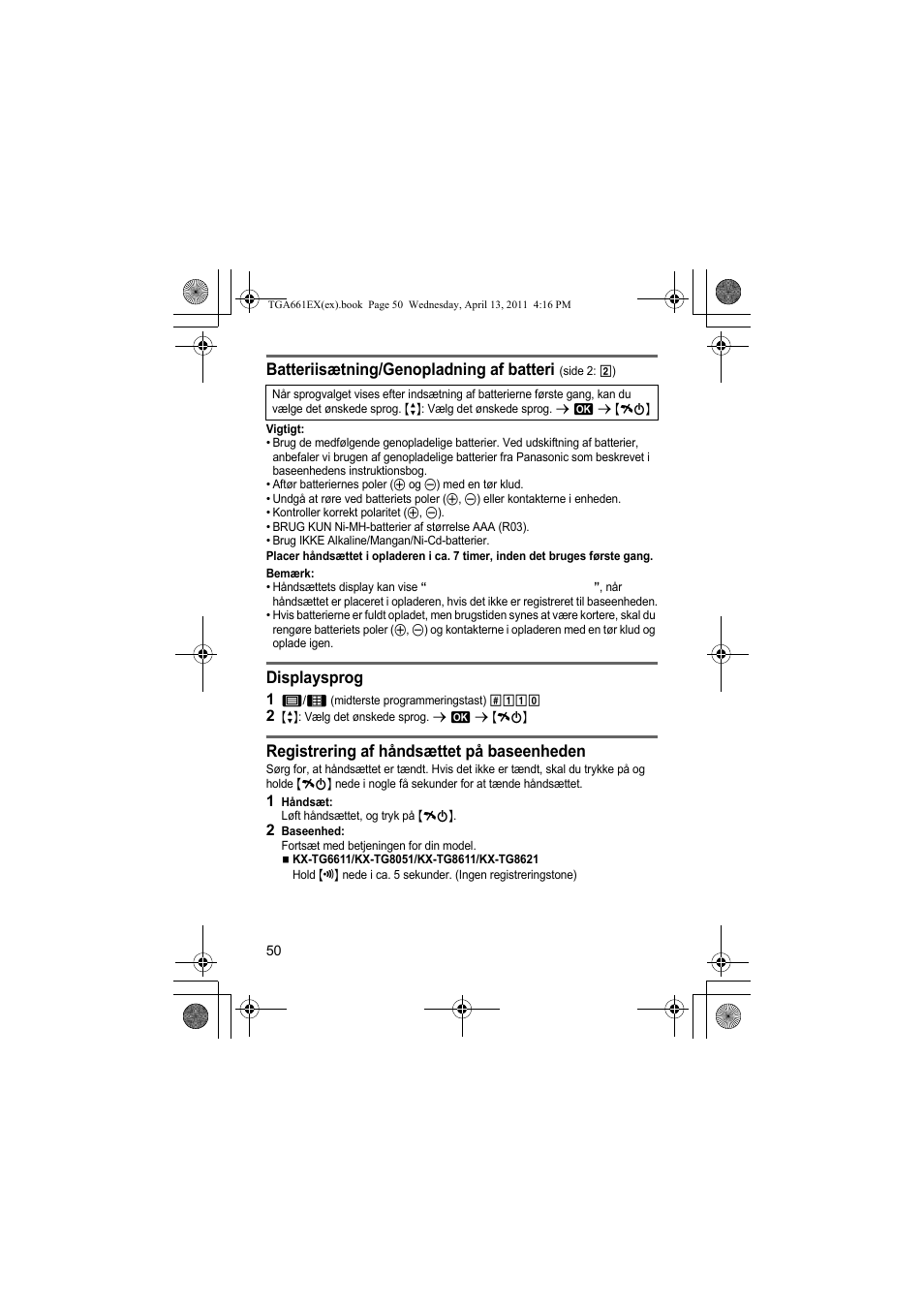 Batteriisætning/genopladning af batteri, Displaysprog, Registrering af håndsættet på baseenheden | Panasonic KXTGA661EXB User Manual | Page 50 / 80