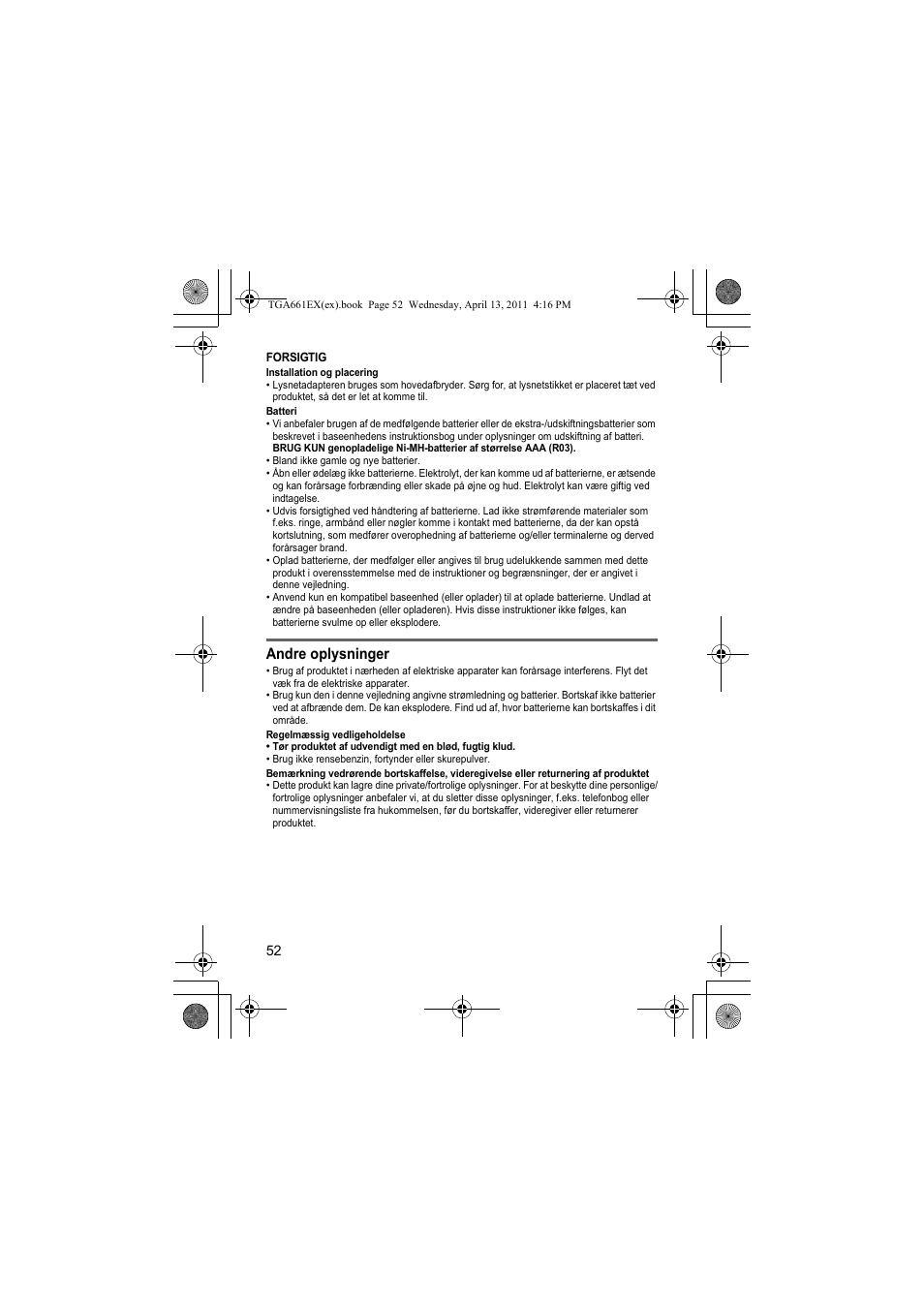 Andre oplysninger | Panasonic KXTGA661EXB User Manual | Page 52 / 80