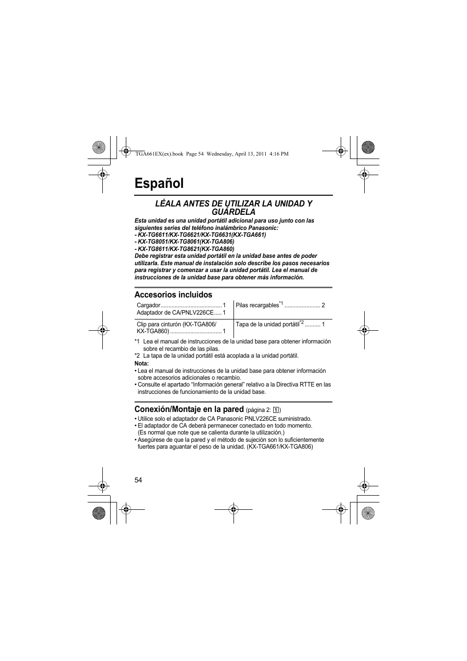 Español, Léala antes de utilizar la unidad y guárdela, Accesorios incluidos | Conexión/montaje en la pared | Panasonic KXTGA661EXB User Manual | Page 54 / 80