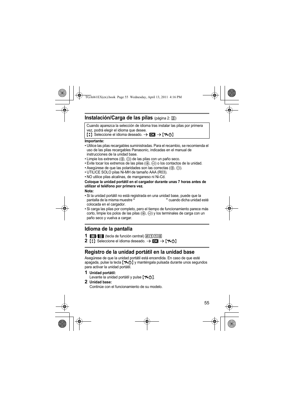 Instalación/carga de las pilas, Idioma de la pantalla, Registro de la unidad portátil en la unidad base | Panasonic KXTGA661EXB User Manual | Page 55 / 80