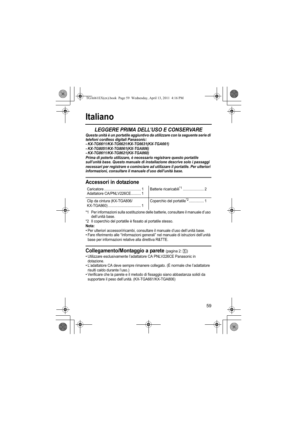 Italiano, Leggere prima dell’uso e conservare, Accessori in dotazione | Collegamento/montaggio a parete | Panasonic KXTGA661EXB User Manual | Page 59 / 80