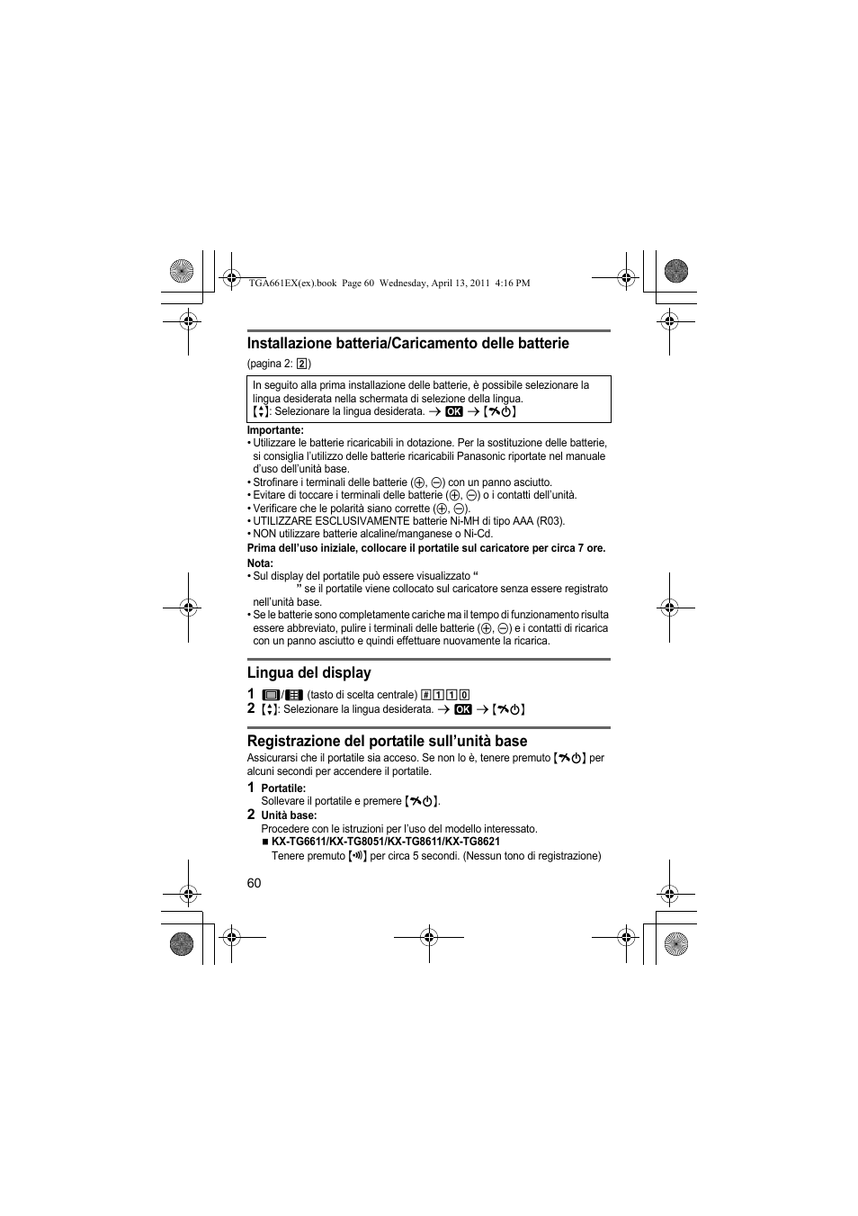 Installazione batteria/caricamento delle batterie, Lingua del display, Registrazione del portatile sull’unità base | Panasonic KXTGA661EXB User Manual | Page 60 / 80