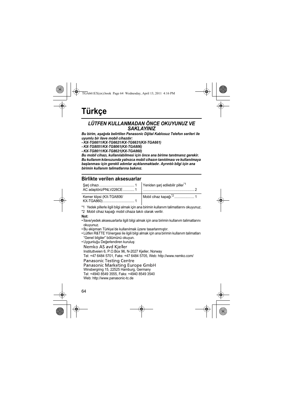 Türkçe, Lütfen kullanmadan önce okuyunuz ve saklayiniz, Birlikte verilen aksesuarlar | Panasonic KXTGA661EXB User Manual | Page 64 / 80