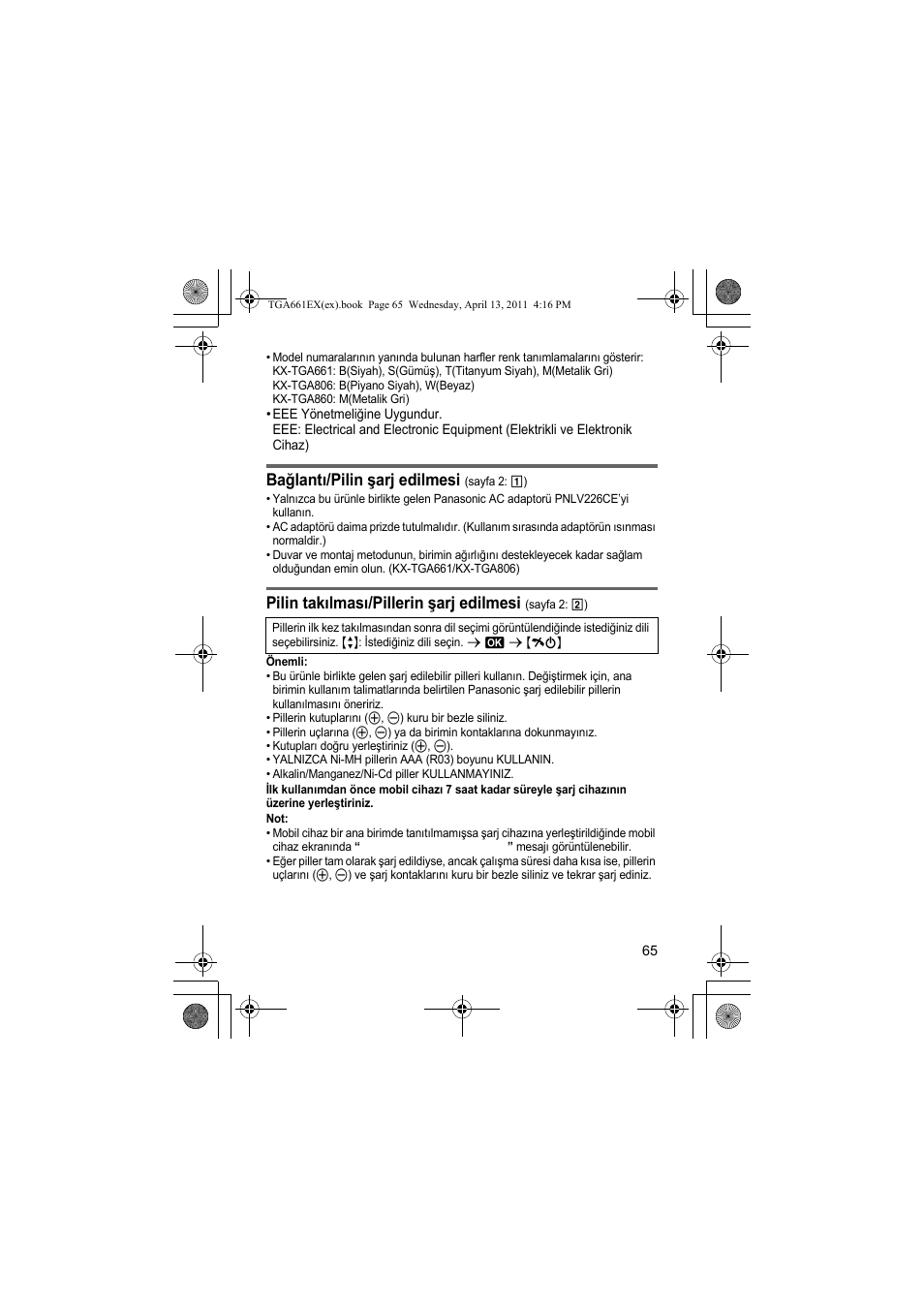 Bağlantı/pilin şarj edilmesi, Pilin takılması/pillerin şarj edilmesi | Panasonic KXTGA661EXB User Manual | Page 65 / 80