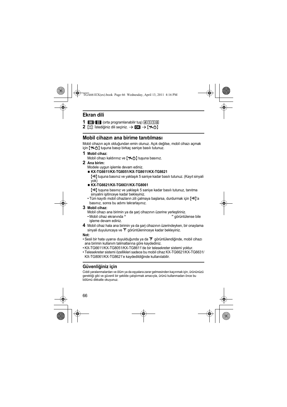 Ekran dili, Mobil cihazın ana birime tanıtılması | Panasonic KXTGA661EXB User Manual | Page 66 / 80
