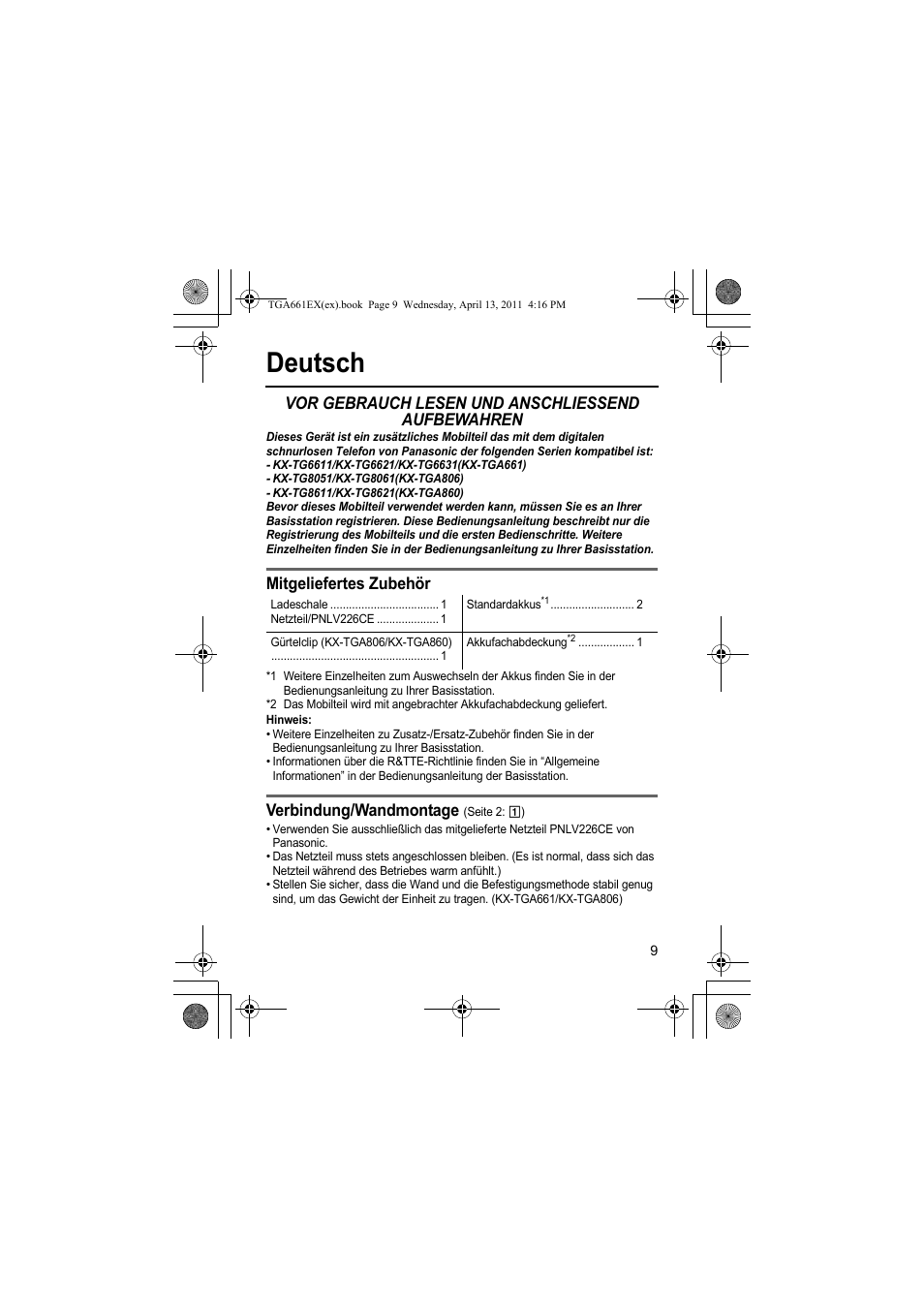 Deutsch, Vor gebrauch lesen und anschliessend aufbewahren, Mitgeliefertes zubehör | Verbindung/wandmontage | Panasonic KXTGA661EXB User Manual | Page 9 / 80