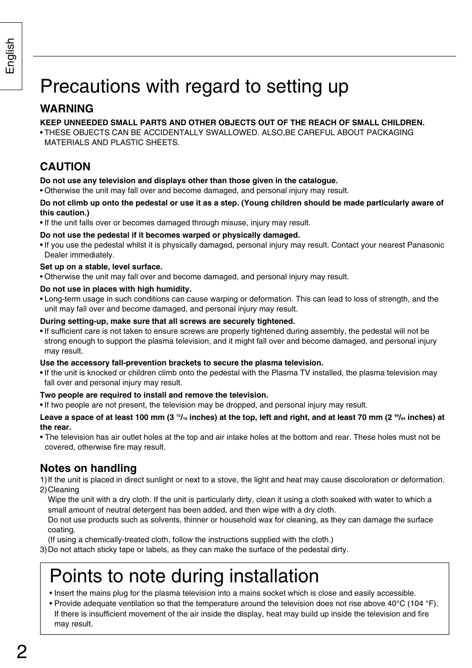 Precautions with regard to setting up, English, Warning | Caution | Panasonic TYST42PX5W User Manual | Page 2 / 32