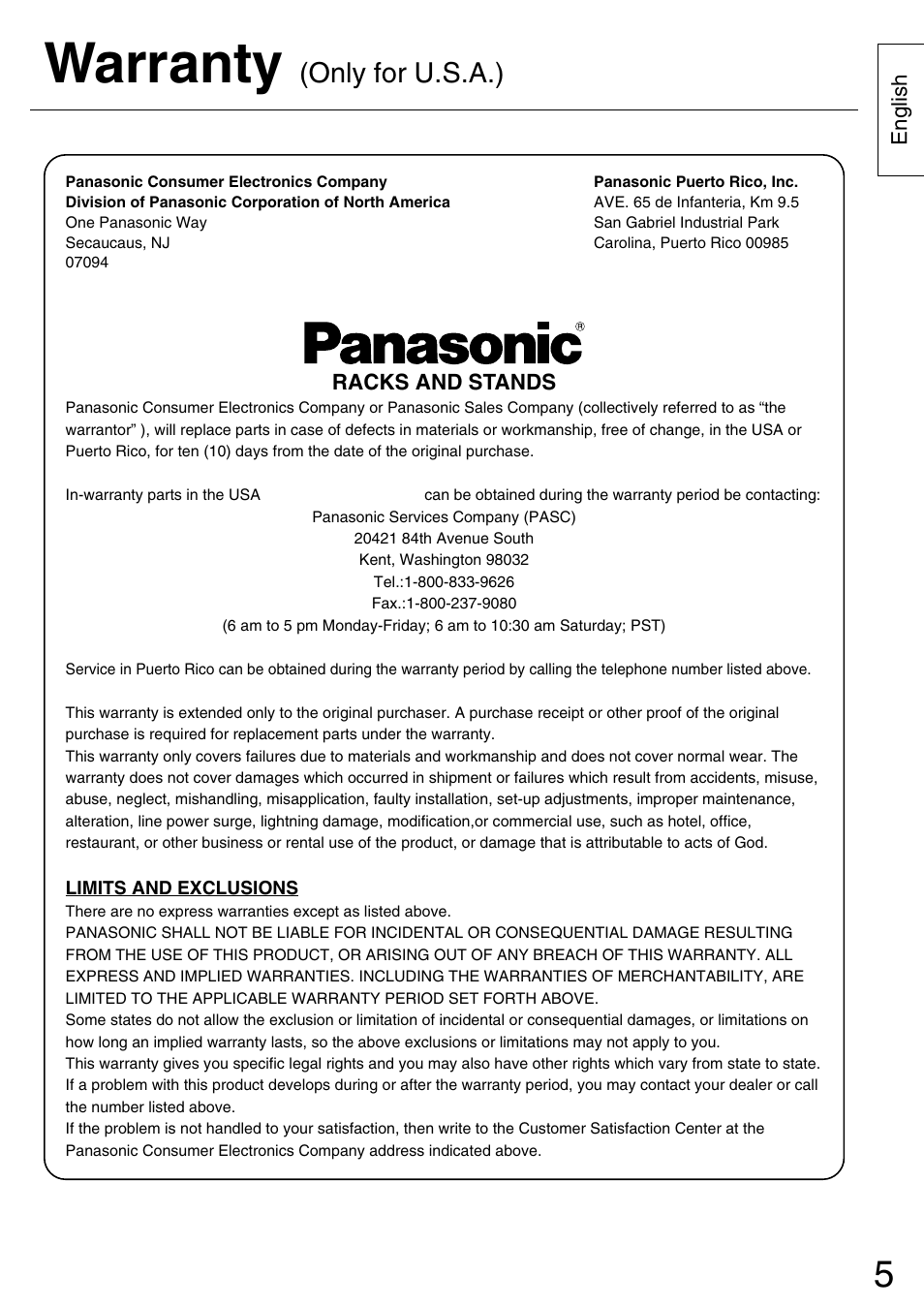 Warranty, Only for u.s.a.), English | Racks and stands | Panasonic TYST42PX5W User Manual | Page 5 / 32