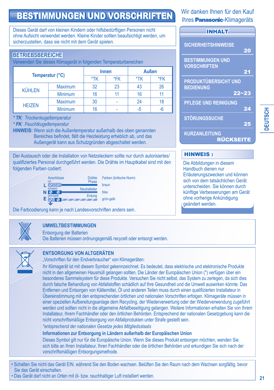 Bestimmungen und vorschriften, Wir danken ihnen für den kauf ihres -klimageräts | Panasonic UTE9HKE User Manual | Page 21 / 56