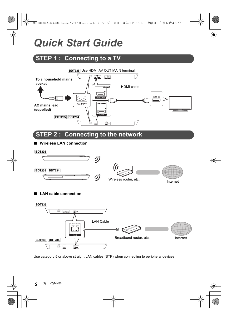 Quick start guide, Step 1 : connecting to a tv, Step 2 : connecting to the network | Panasonic DMPBDT335EG User Manual | Page 2 / 20