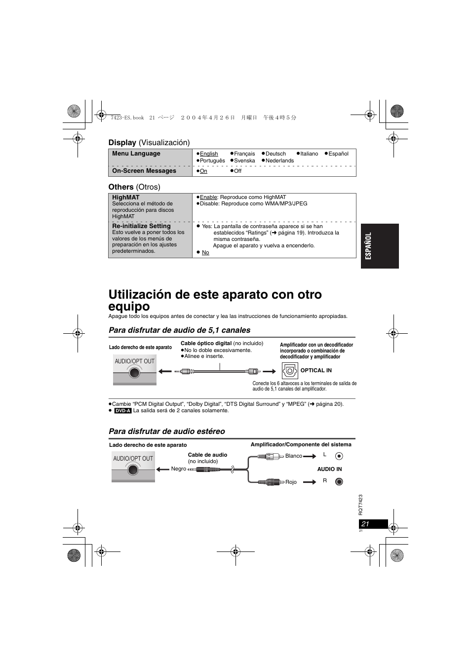 Utilización de este aparato con otro equipo, Para disfrutar de audio de 5,1 canales, Para disfrutar de audio estéreo | Panasonic DVDLS50 User Manual | Page 21 / 80