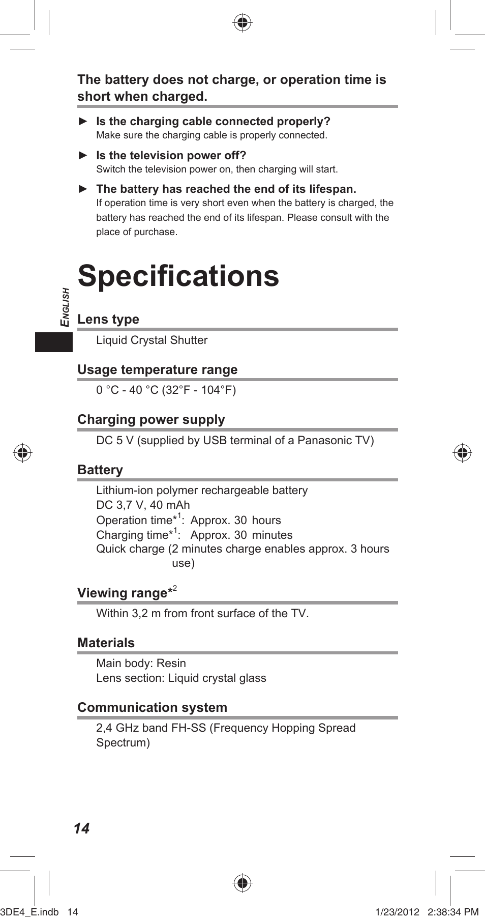 Specifi cations | Panasonic TYER3D4SE User Manual | Page 14 / 248