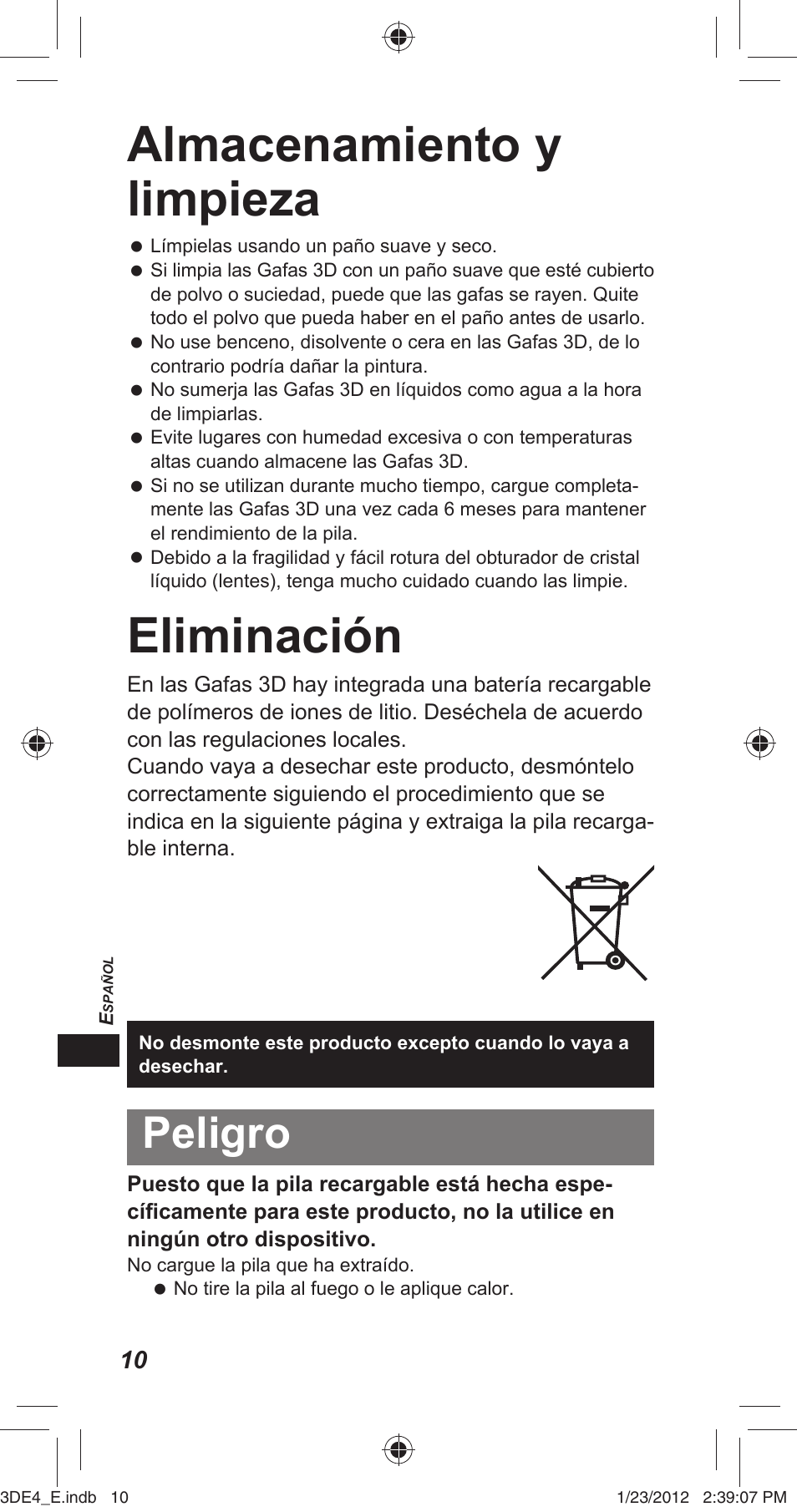 Almacenamiento y limpieza, Eliminación, Peligro | Panasonic TYER3D4SE User Manual | Page 156 / 248