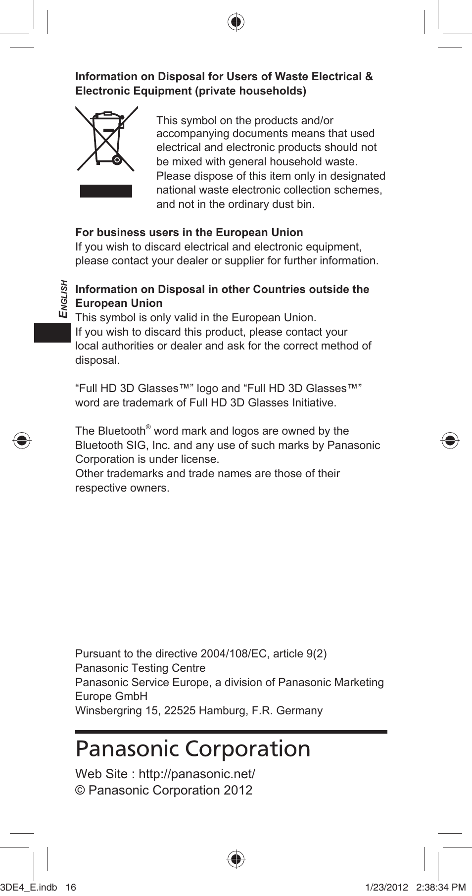 Panasonic corporation | Panasonic TYER3D4SE User Manual | Page 16 / 248