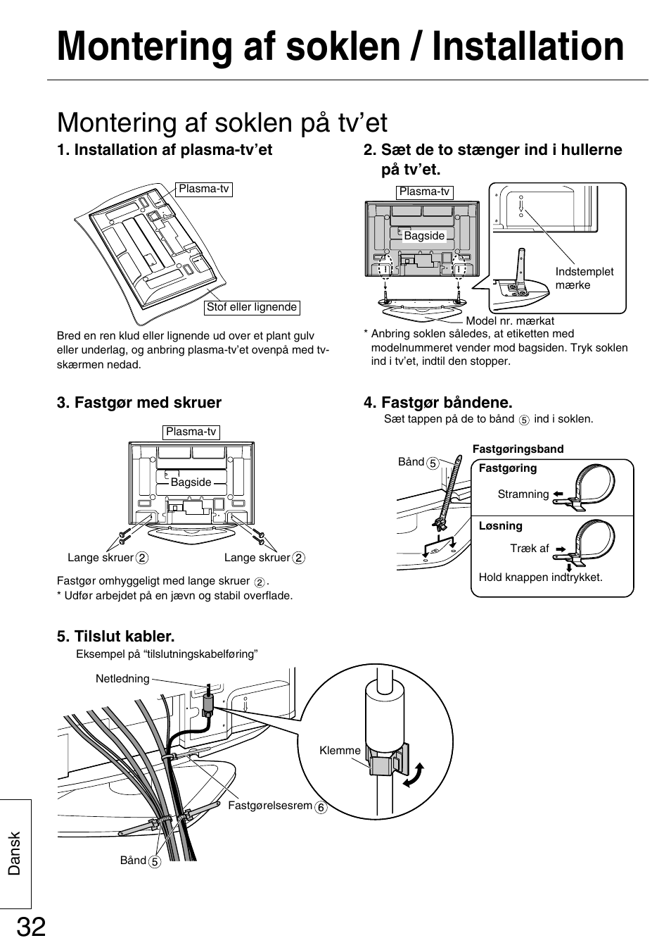 Montering af soklen / installation, Montering af soklen på tv’et | Panasonic TYST42PA50W User Manual | Page 32 / 36