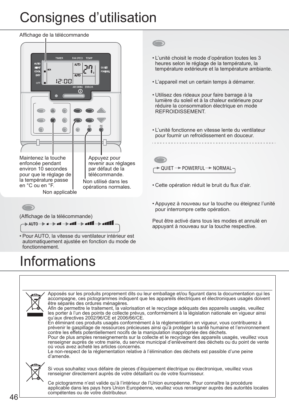 Consignes d’utilisation, Informations, Pour sélectionner la vitesse du ventilateur | Pour sélectionner un mode de fonctionnement, Pour passer de silencieux à puissant | Panasonic CU2E15PBE User Manual | Page 46 / 76