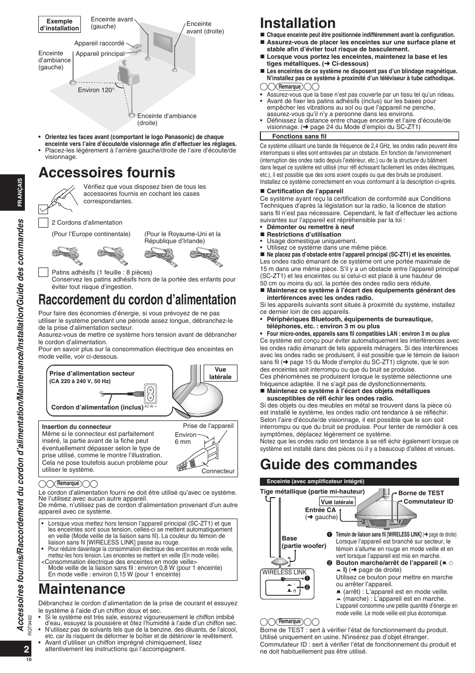Installation, Guide des commandes, Accessoires fournis | Maintenance, Raccordement du cordon d’alimentation | Panasonic SBZT1 User Manual | Page 10 / 40