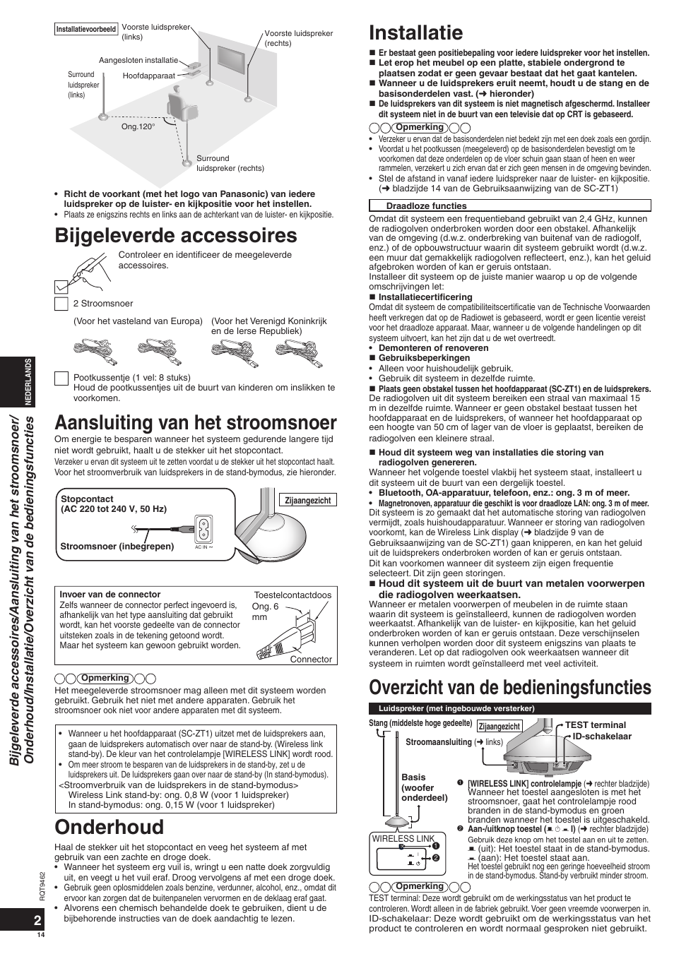 Overzicht van de bedieningsfuncties, Aansluiting van het stroomsnoer, Installatie | Bijgeleverde accessoires, Onderhoud | Panasonic SBZT1 User Manual | Page 14 / 40
