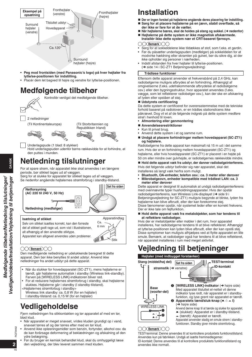 Vejledning til betjeninger, Netledning tilslutninger, Installation | Medfølgende tilbehør, Vedligeholdelse | Panasonic SBZT1 User Manual | Page 16 / 40