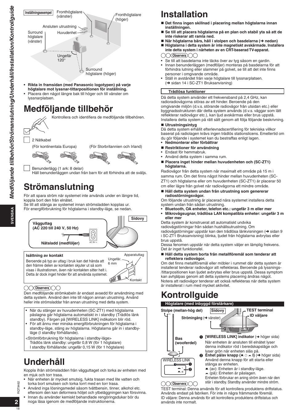 Strömanslutning, Installation, Medföljande tillbehör underhåll | Kontrollguide | Panasonic SBZT1 User Manual | Page 18 / 40