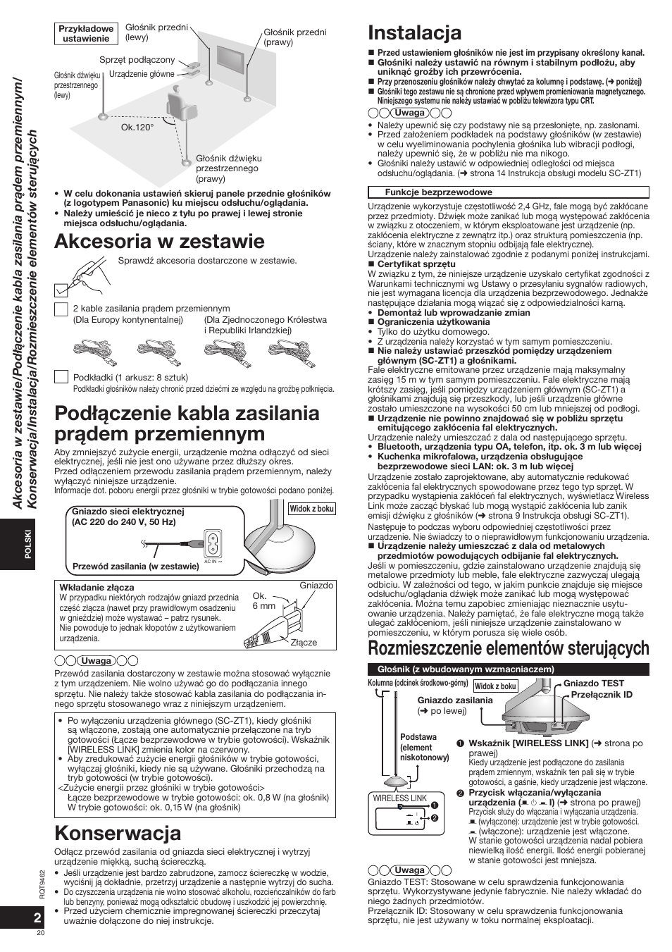 Rozmieszczenie elementów steruj¹cych, Pod³¹czenie kabla zasilania pr¹dem przemiennym, Instalacja | Akcesoria w zestawie, Konserwacja | Panasonic SBZT1 User Manual | Page 20 / 40