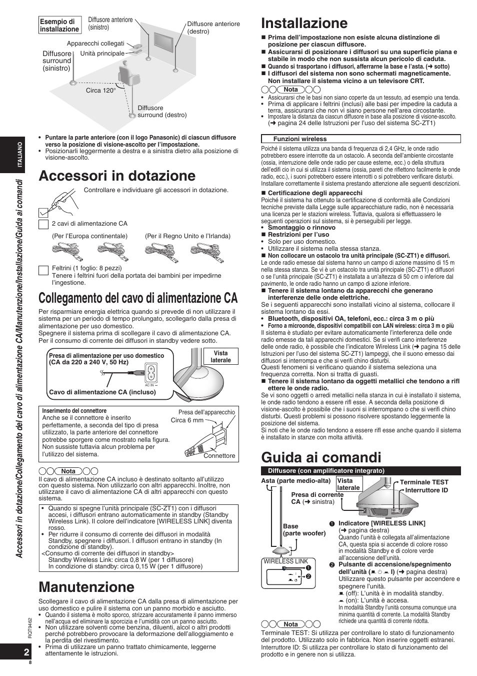 Guida ai comandi, Installazione, Collegamento del cavo di alimentazione ca | Accessori in dotazione manutenzione | Panasonic SBZT1 User Manual | Page 8 / 40