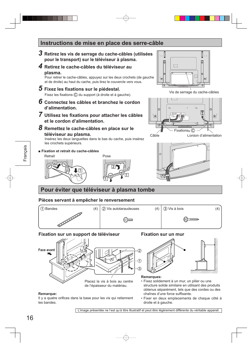 Instructions de mise en place des serre-câble, Pour éviter que téléviseur à plasma tombe | Panasonic TYST65PV500 User Manual | Page 16 / 36