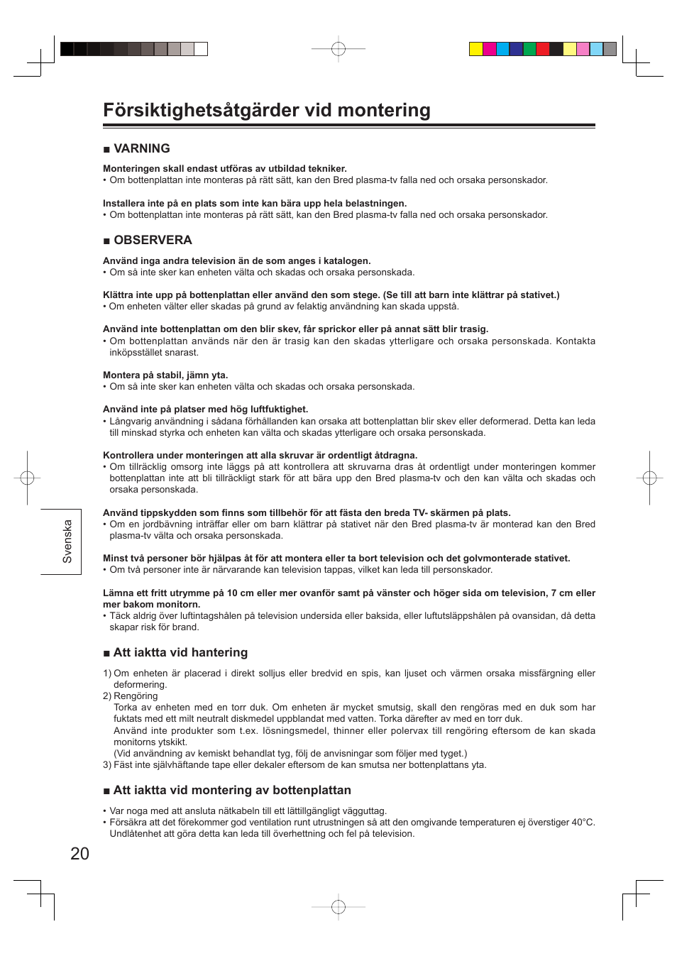 Försiktighetsåtgärder vid montering | Panasonic TYST65PV500 User Manual | Page 20 / 36