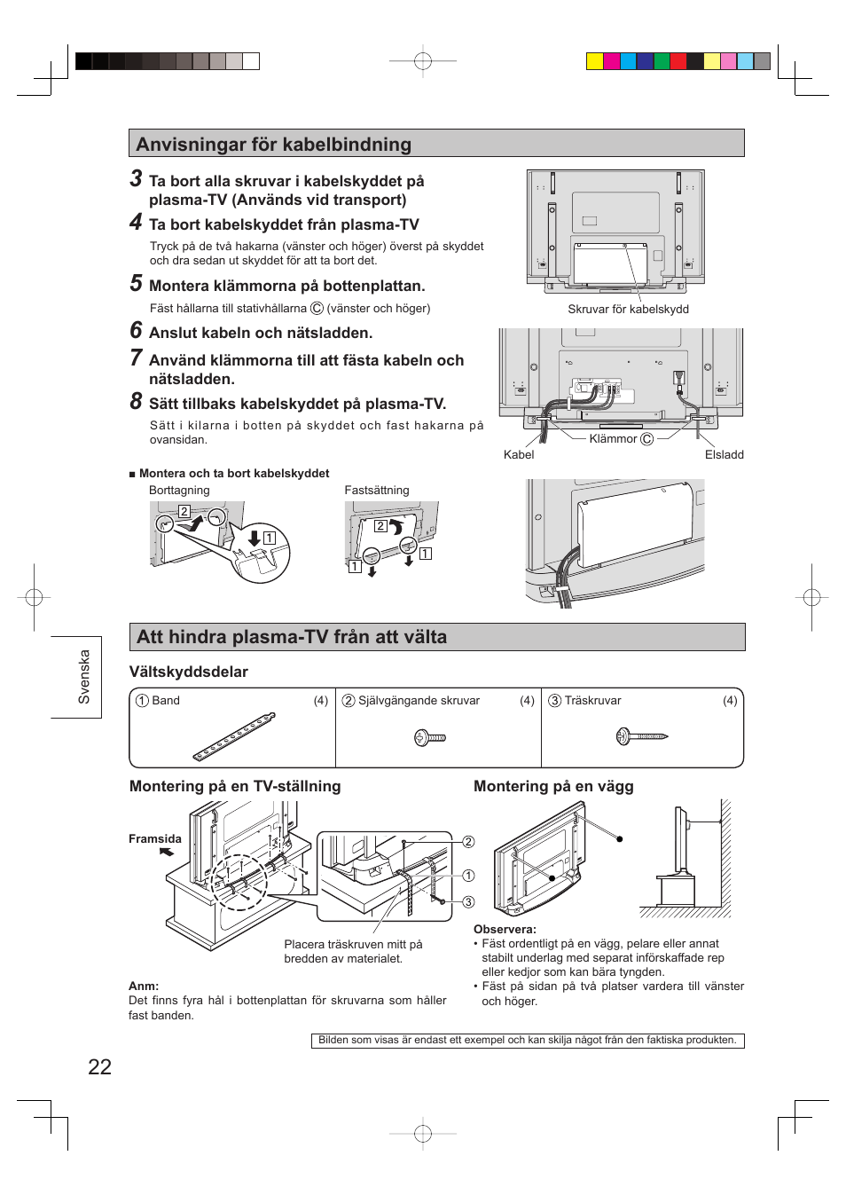 Anvisningar för kabelbindning, Att hindra plasma-tv från att välta | Panasonic TYST65PV500 User Manual | Page 22 / 36