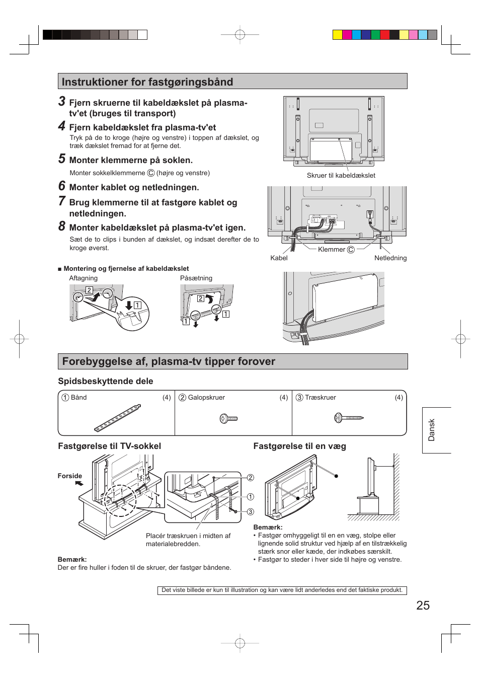 Instruktioner for fastgøringsbånd, Forebyggelse af, plasma-tv tipper forover | Panasonic TYST65PV500 User Manual | Page 25 / 36