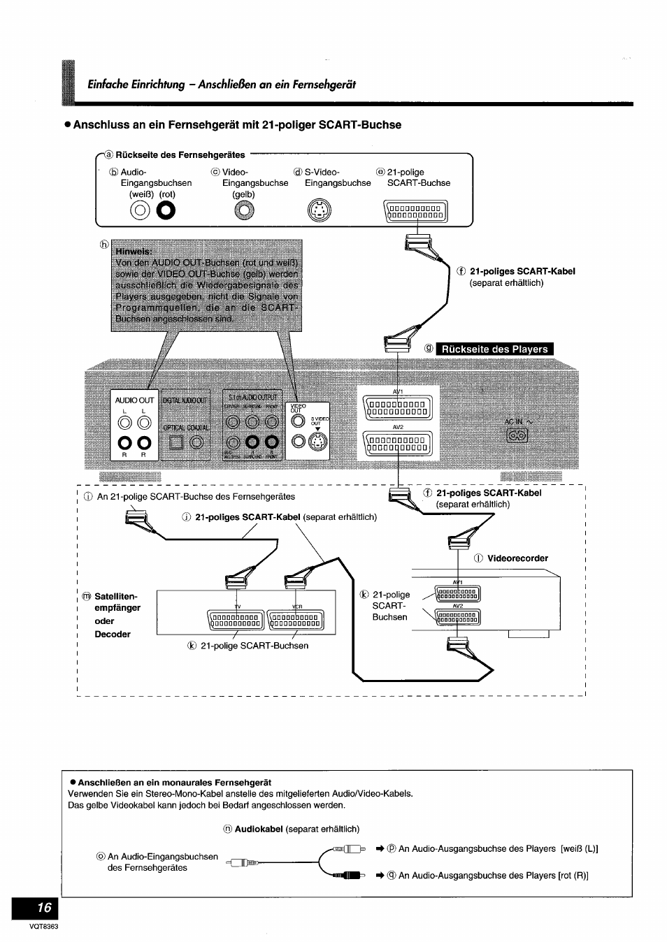 Anschließen an ein monaurales fernsehgerät, Anschließen an ein fernsehgerät | Panasonic DVDA10 User Manual | Page 16 / 108