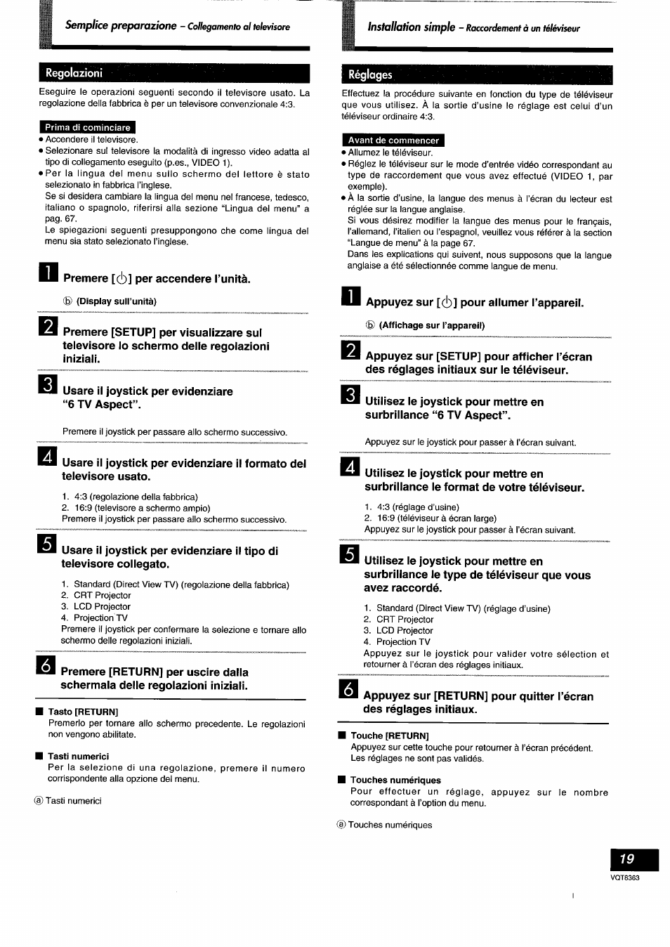 Regolazioni, G) (display sull’unità), Tasto [return | Tasti numerici, G) (affichage sur l’appareil) | Panasonic DVDA10 User Manual | Page 19 / 108