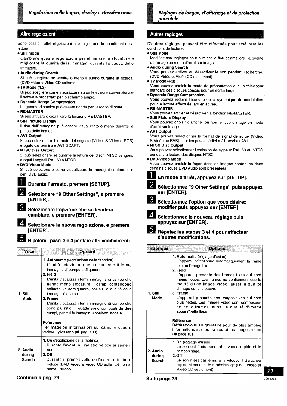 Stili mode, Re-master, Voce | Stili, Opziani, Field, Frame, Reference, Rubrique, Still mode | Panasonic DVDA10 User Manual | Page 71 / 108