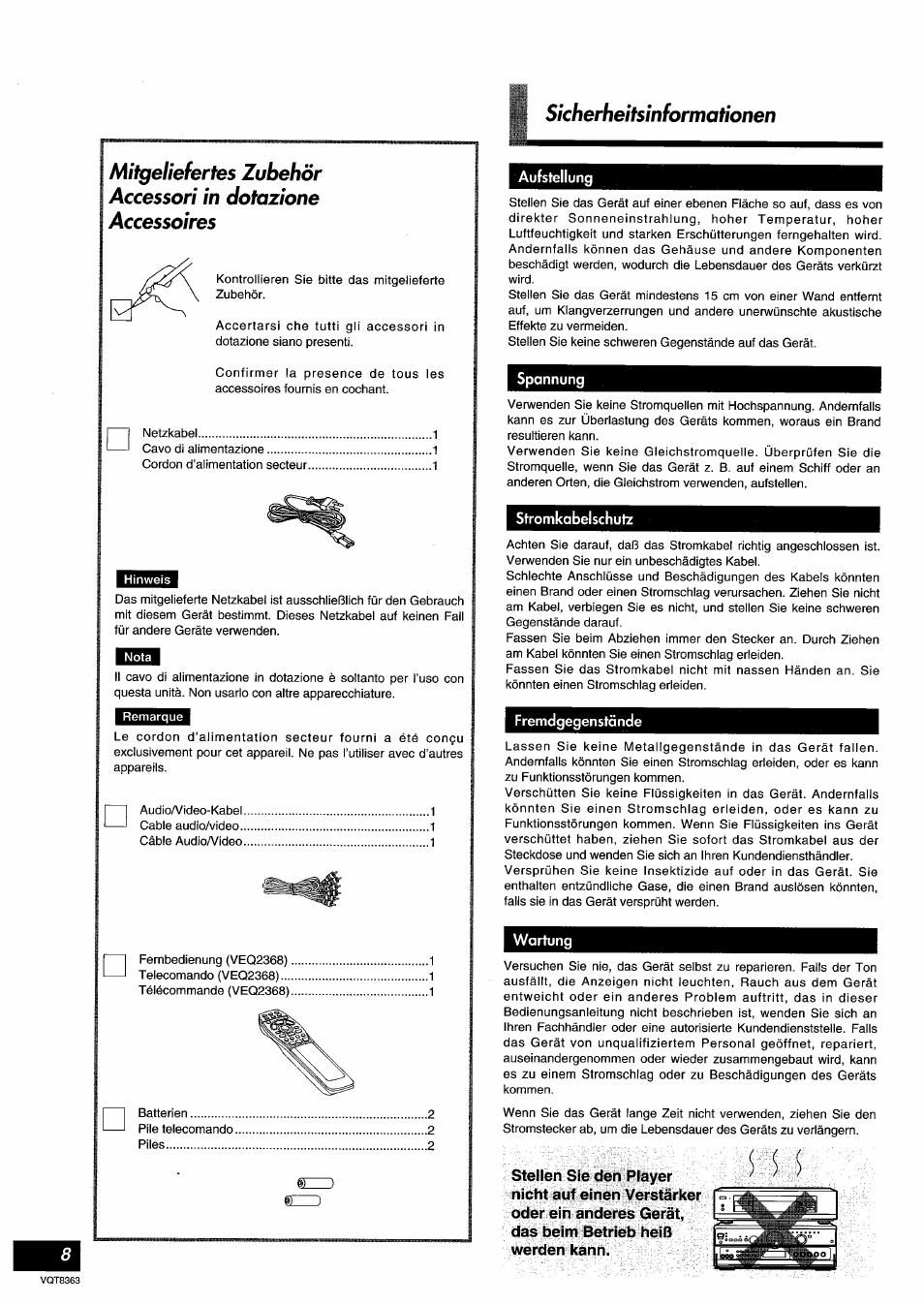 Sicherheitsinformationen | Panasonic DVDA10 User Manual | Page 8 / 108