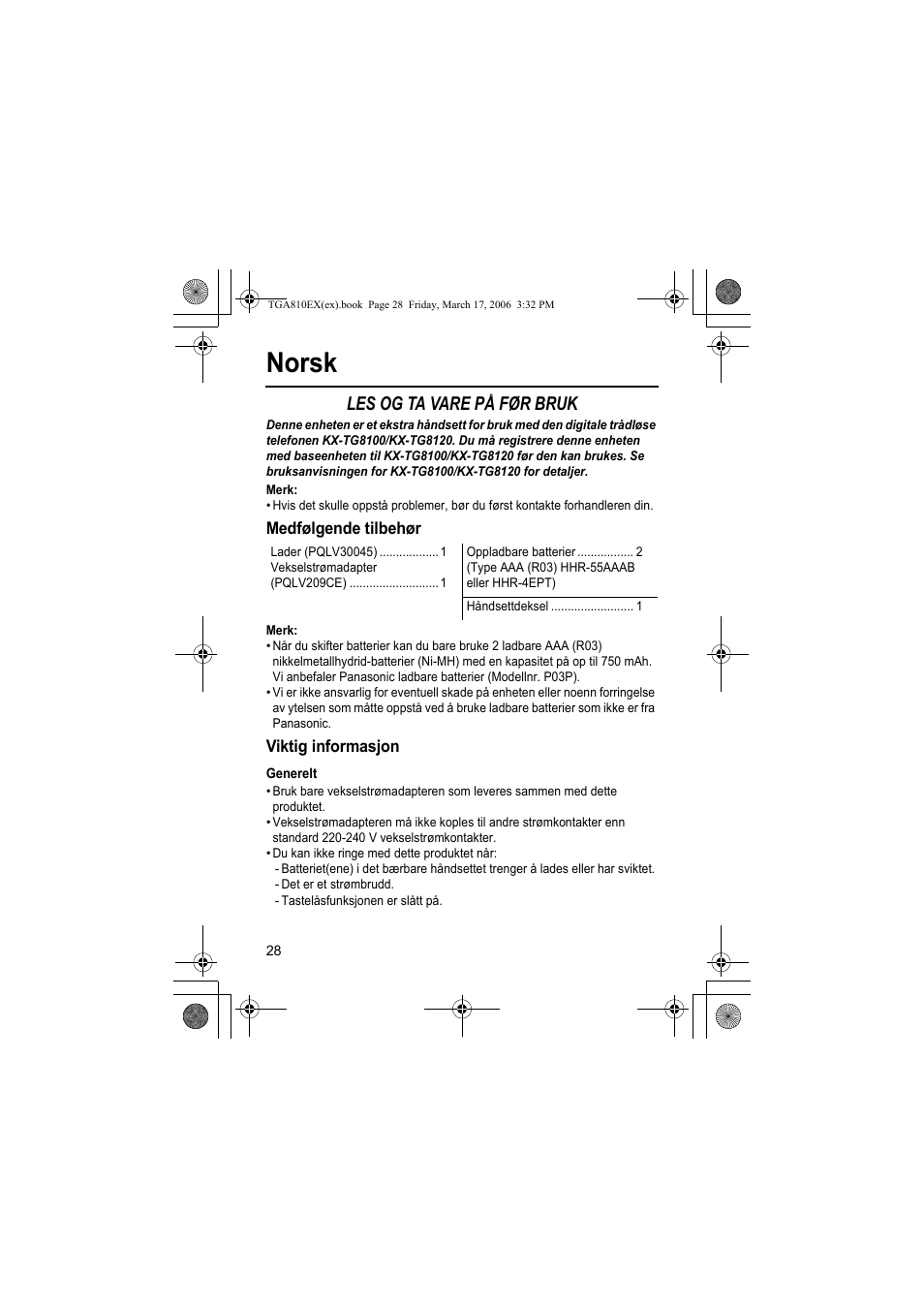 Norsk, Les og ta vare på før bruk, Merk | Medfølgende tilbehør, Viktig informasjon, Generelt | Panasonic KXTGA810EX User Manual | Page 28 / 76