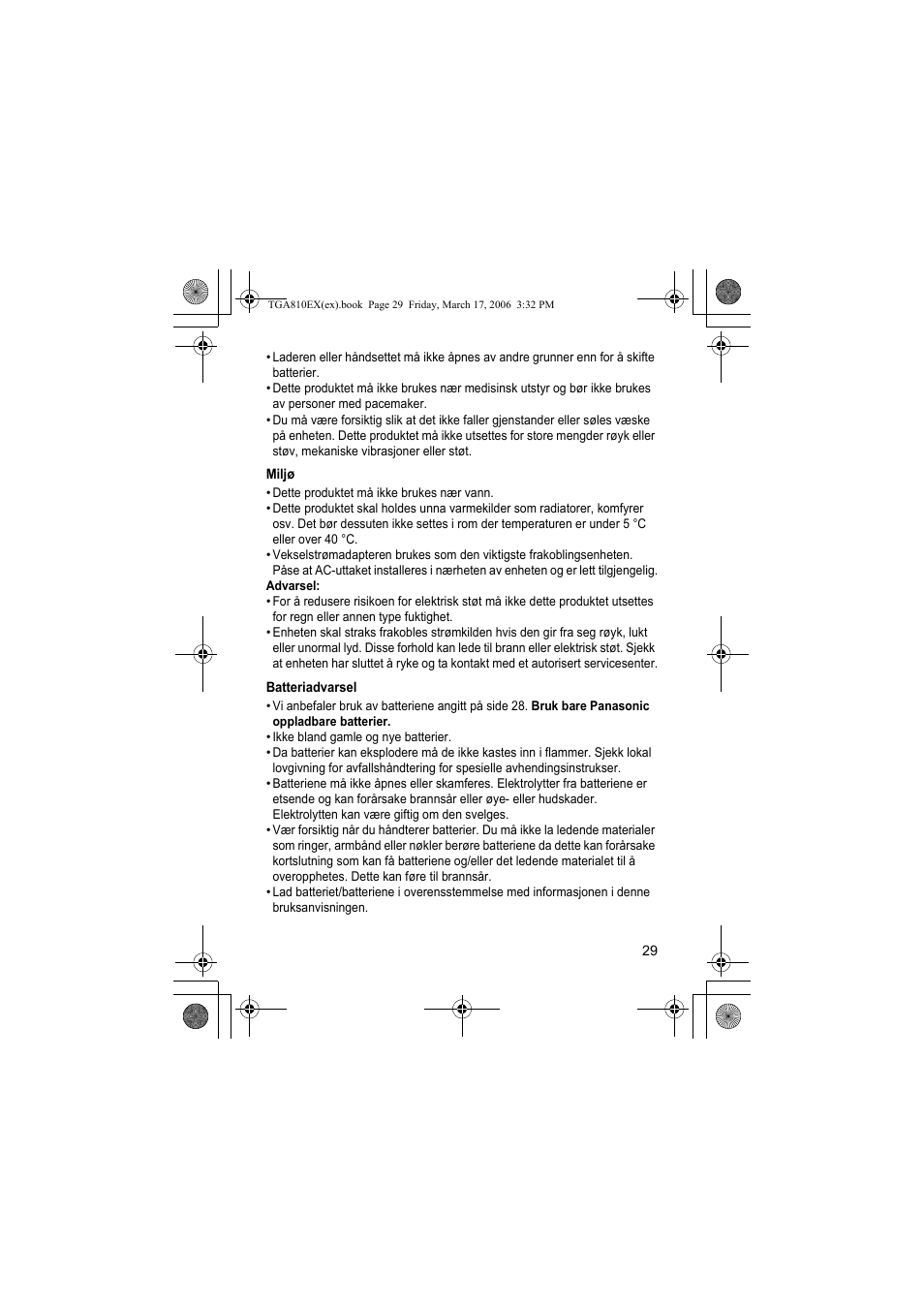 Miljø, Batteriadvarsel | Panasonic KXTGA810EX User Manual | Page 29 / 76