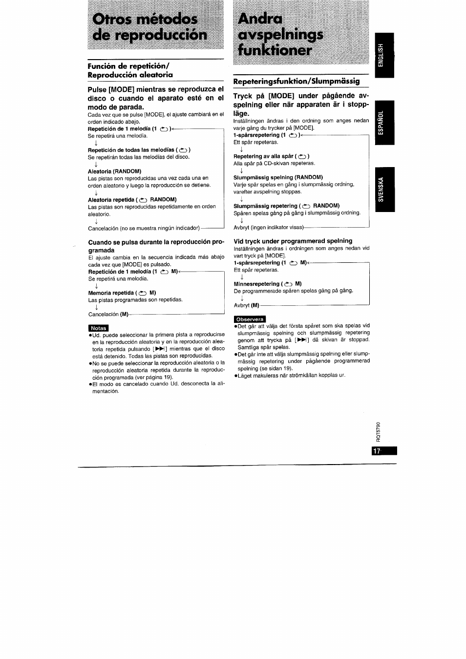 Otros métodos de reproducción, Andra avs fun »pelningi ktioner | Panasonic SLSX280 User Manual | Page 17 / 72