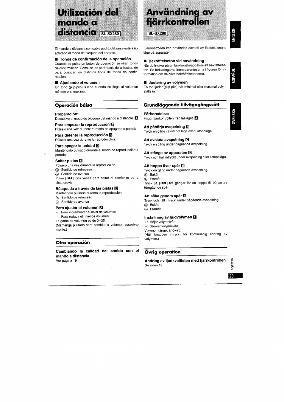 Sl-sx280, Bekraftelseton vid användning, Justering av volymen | Preparación, Förberedelse, Att päbörja avspelning b, Att avsiuta avspelning q, Att stänga av apparaten b, Att hoppa over spär b, Att söka genom spär b | Panasonic SLSX280 User Manual | Page 23 / 72