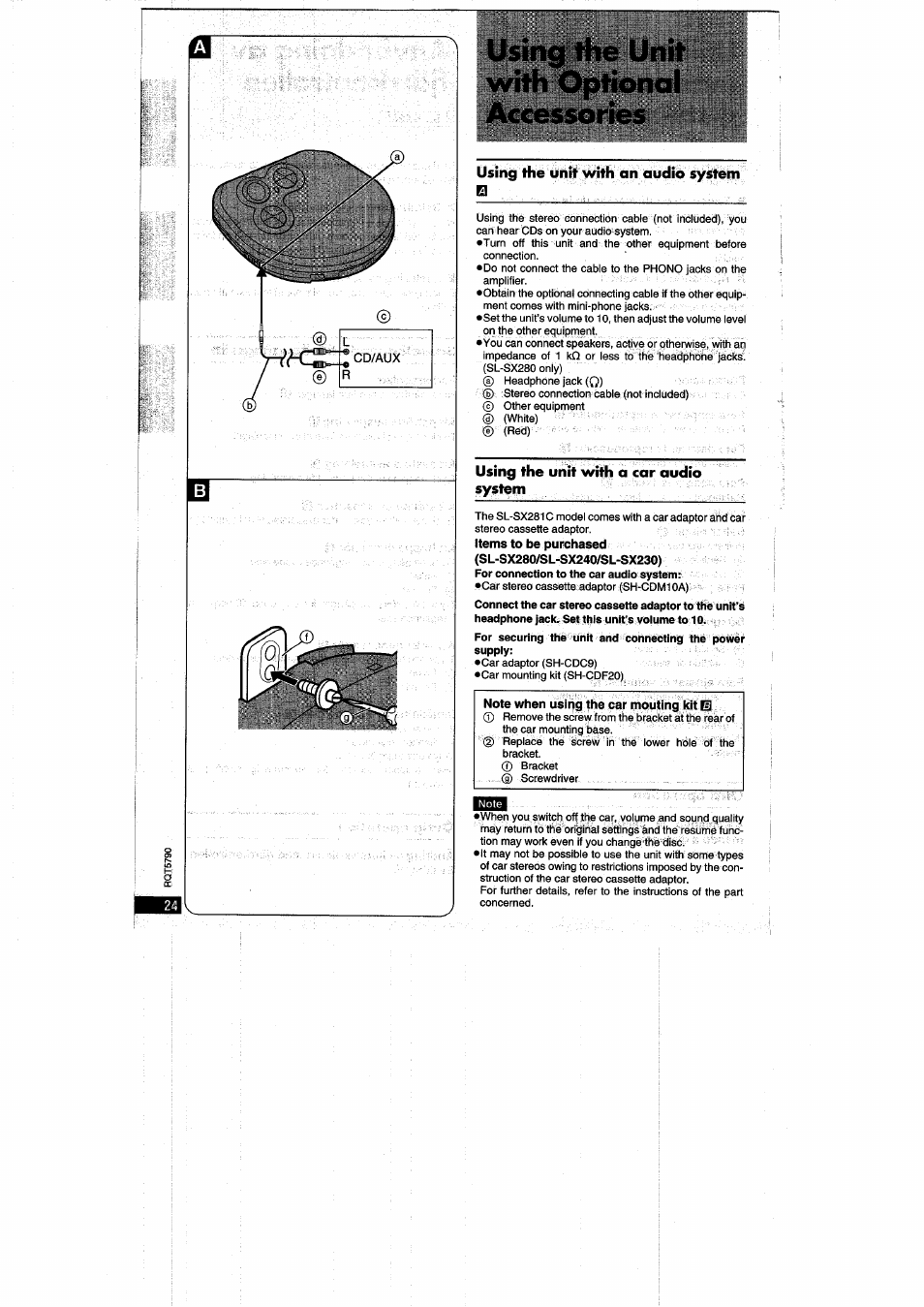 Using the unit with an audio system b, Using the unit with a car audio system, Items to be purchased (sl-sx280/sl-sx240/sl-sx230) | Using the unit with optional accessories | Panasonic SLSX280 User Manual | Page 24 / 72