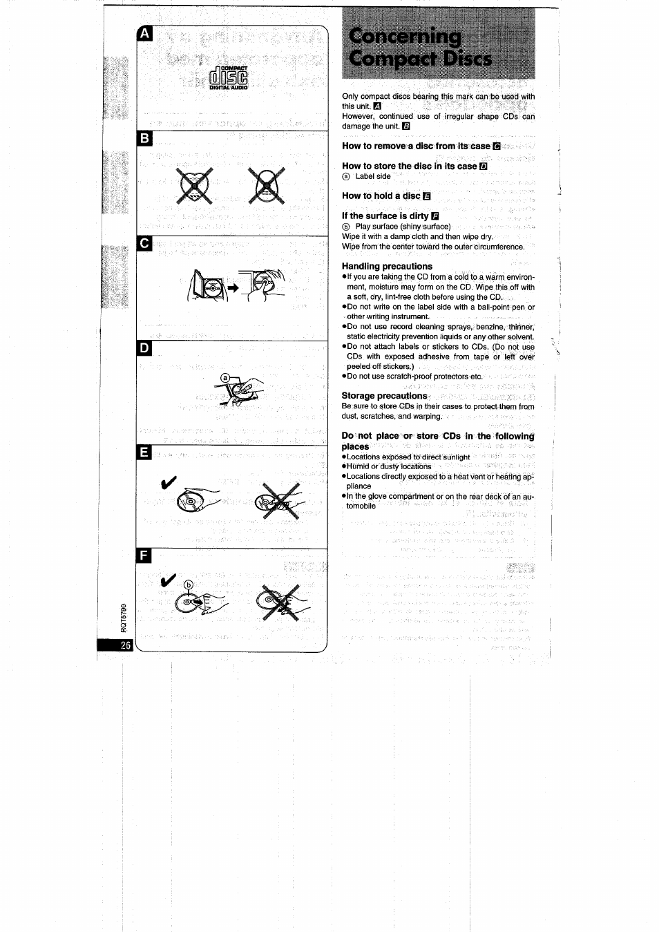How to remove a disc from its case b, How to store the disc in its case b, How to hoid a disc b | If the surface is dirty b, Handiing precautions, Storage precautions, Do not place or store cds in the following places, Iblngjfa, Concerning compact discs | Panasonic SLSX280 User Manual | Page 26 / 72