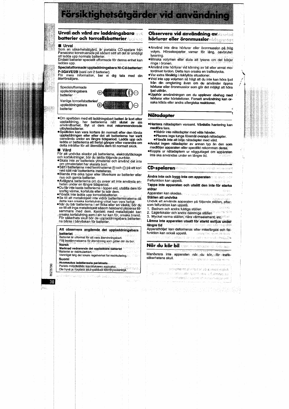 F ■' [0e, Försiktighetsatgärder vid användning | Panasonic SLSX280 User Manual | Page 30 / 72