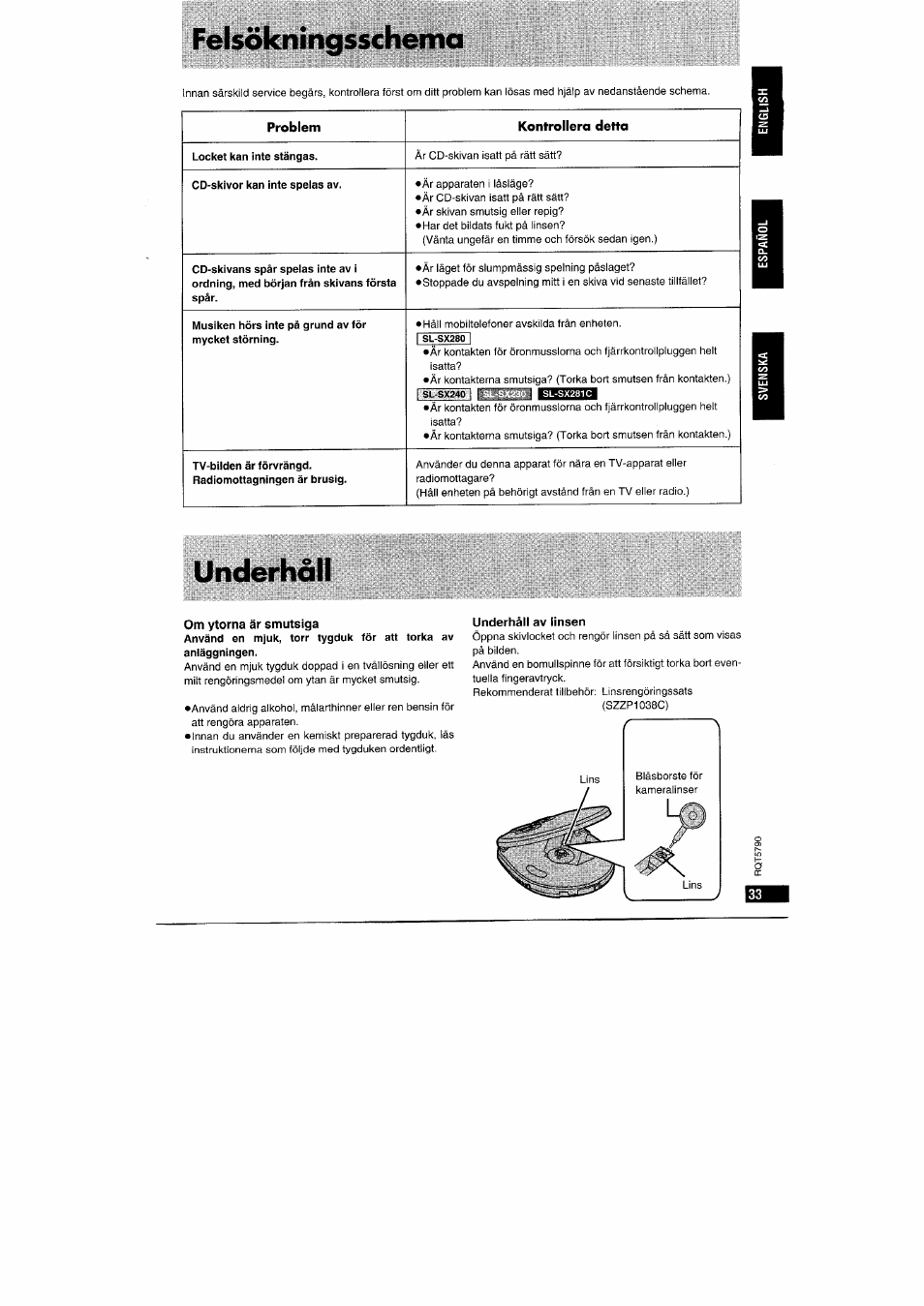 Underhäll av linsen, Felsökningsschema, Underhall | Panasonic SLSX280 User Manual | Page 33 / 72