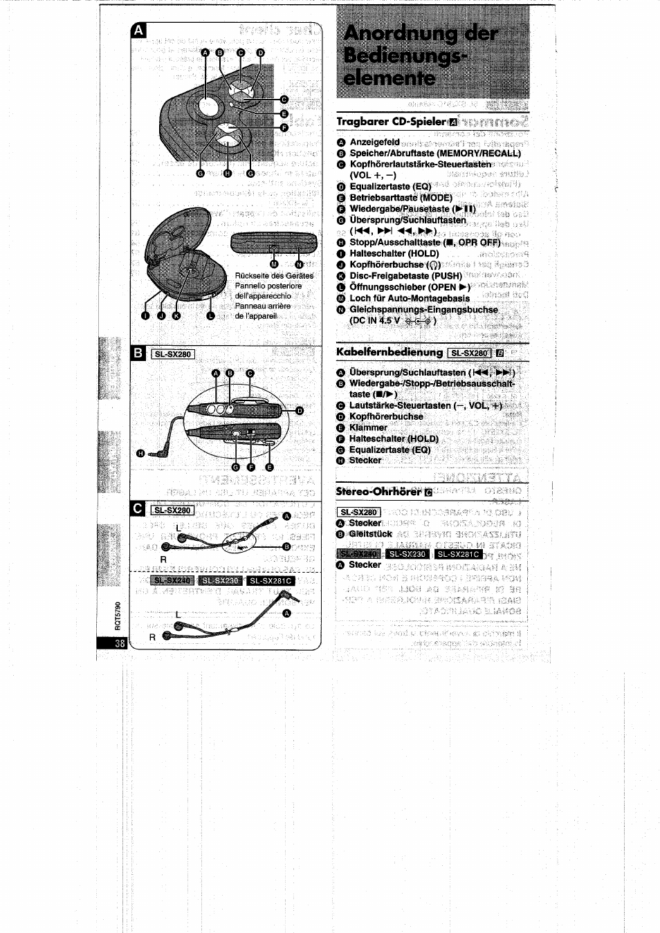 Anordnung der bedienungs- elemente | Panasonic SLSX280 User Manual | Page 38 / 72