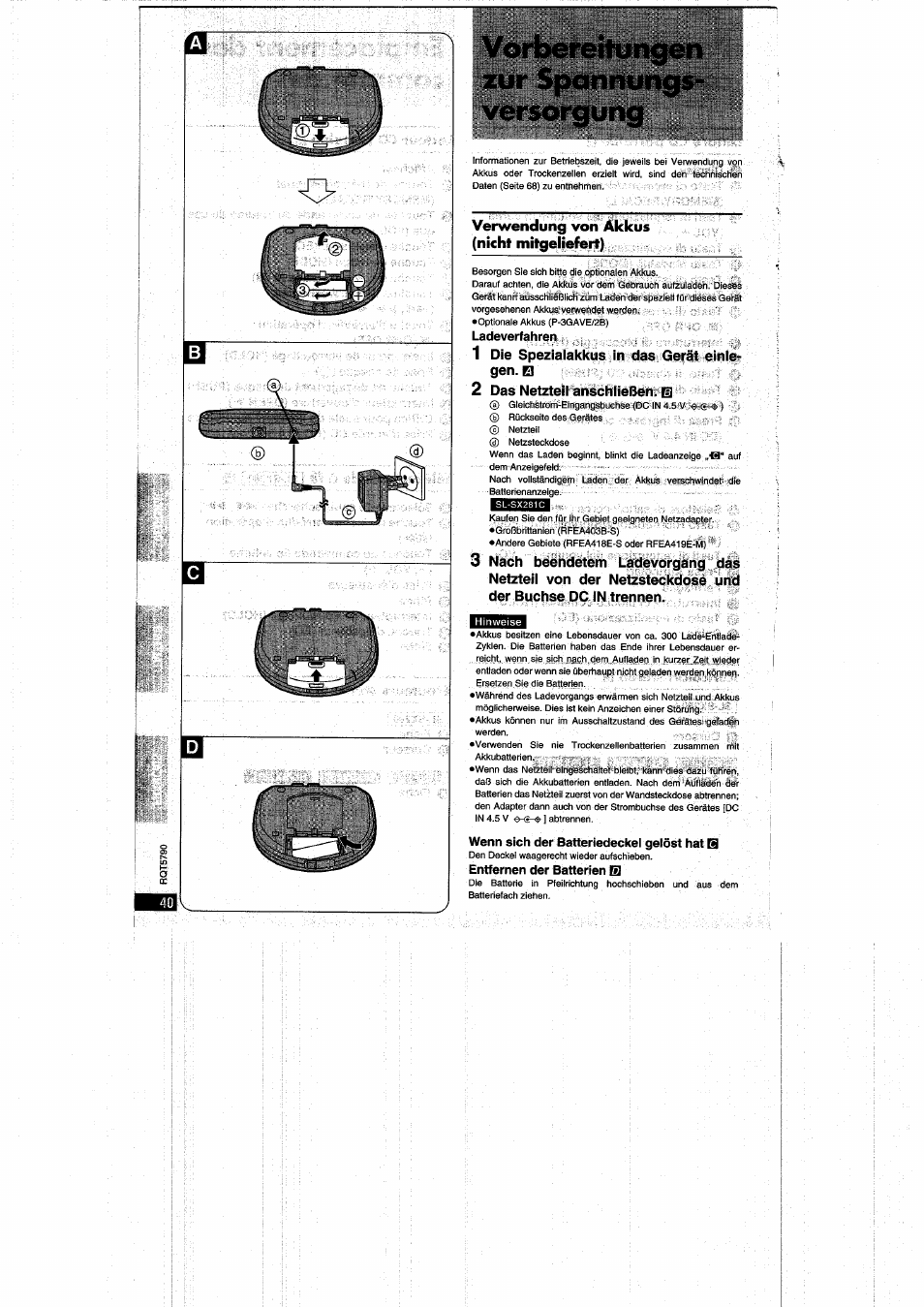 Zur spannungs­ versorgung, Verwendung von akkus (nicht mitgeliefert) | Panasonic SLSX280 User Manual | Page 40 / 72