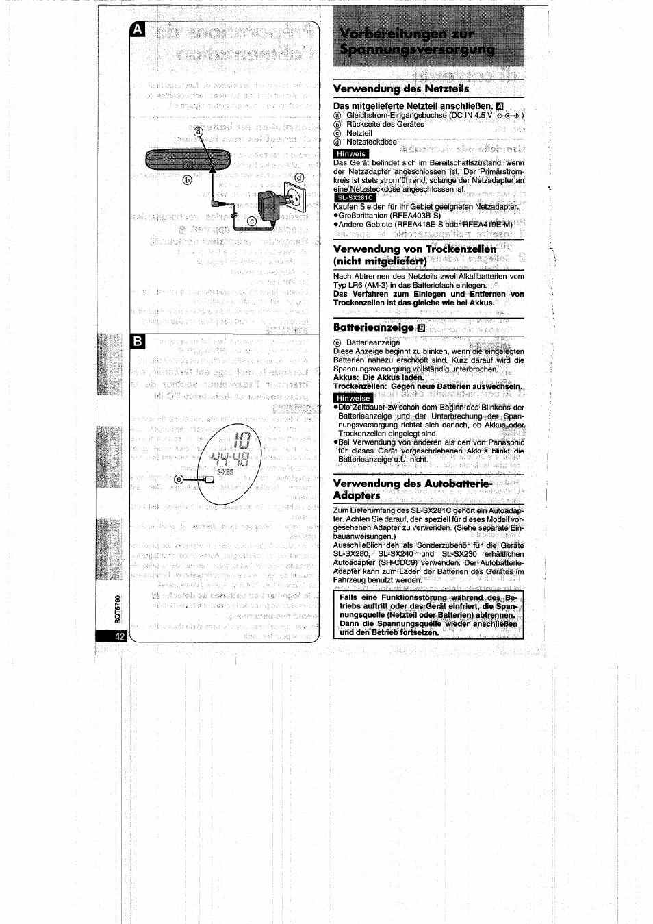 Vorbereitungen zur spannunqsversorqun | Panasonic SLSX280 User Manual | Page 42 / 72