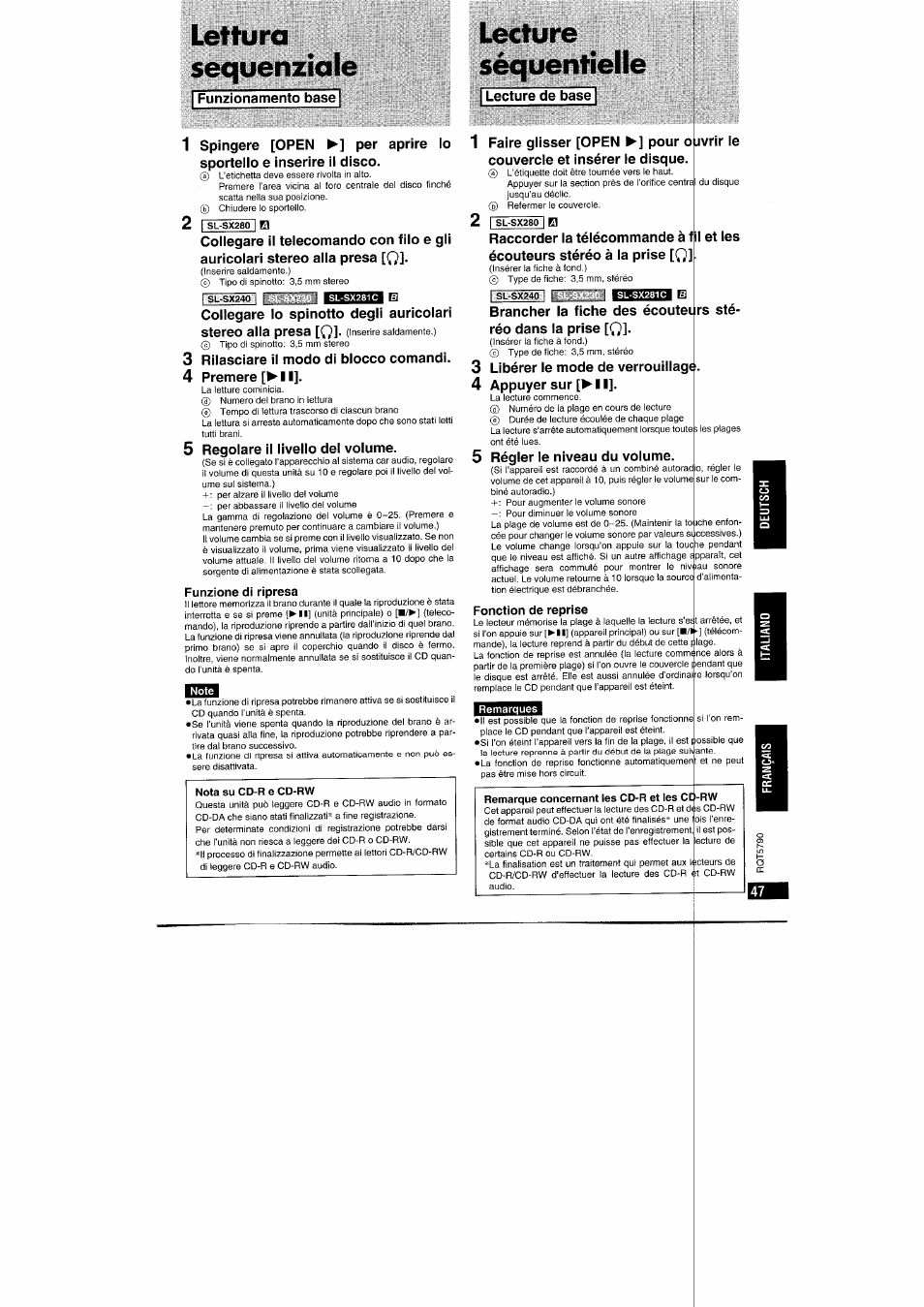 Funzionamento base, Lecture de base, 3 rilasciare il modo di blocco comandi | 4 premere [► 11, 5 regolare il livello del volume, 3 libérer ie mode de verrouillag, 4 appuyer sur [>-11, 5 régier le niveau du volume, Lettura sequenziale, Lecture séquentielle | Panasonic SLSX280 User Manual | Page 47 / 72