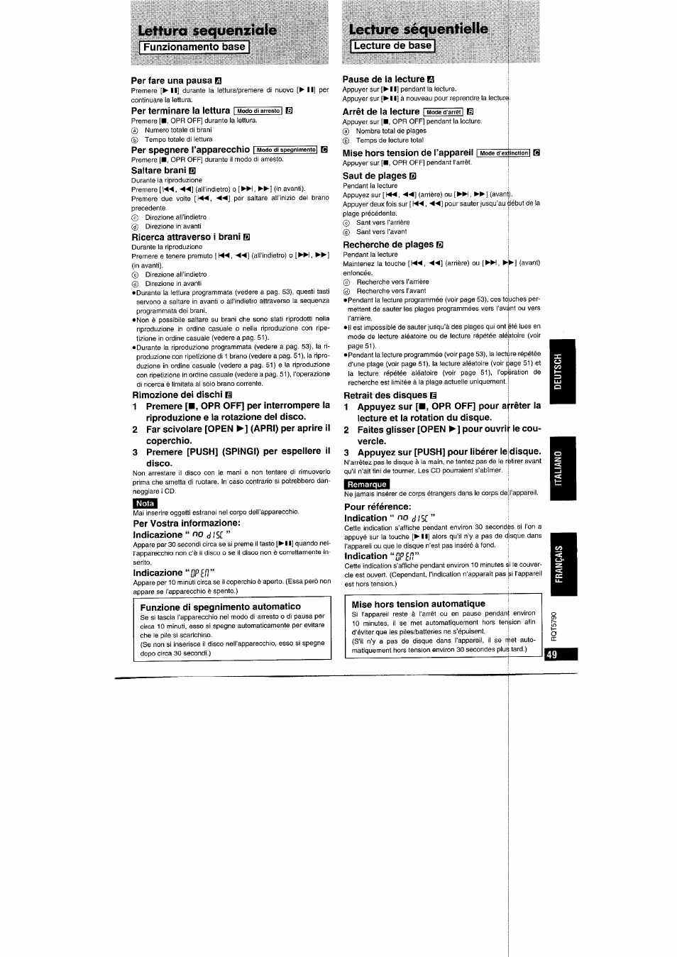 I funzionamento base, I lecture de base, Optp | Lettura sequenziale, Lecture séquentielle | Panasonic SLSX280 User Manual | Page 49 / 72