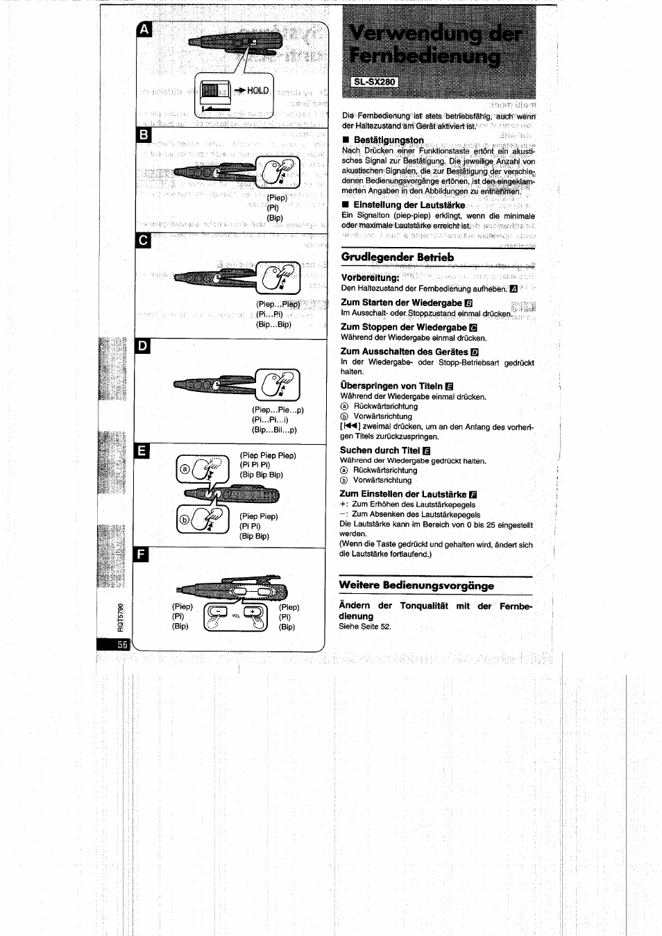 Sl-sx280, Vorbereitung, Ändern der tonqualität mit der fernbedienung | Verwendung der fernbedienung | Panasonic SLSX280 User Manual | Page 56 / 72